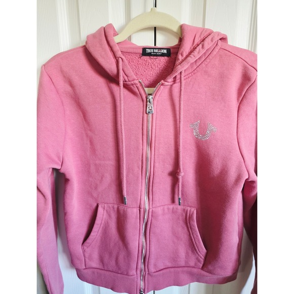 True Religion S Rose Pink Rhinestone Horseshoe Zip Up Hoodie Sweatshirt Women's - Picture 8 of 8